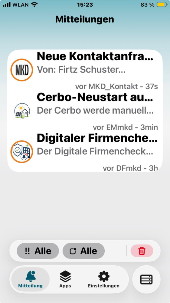 Übersicht der empfangenen Pushmeldungen in der Smartphone-App